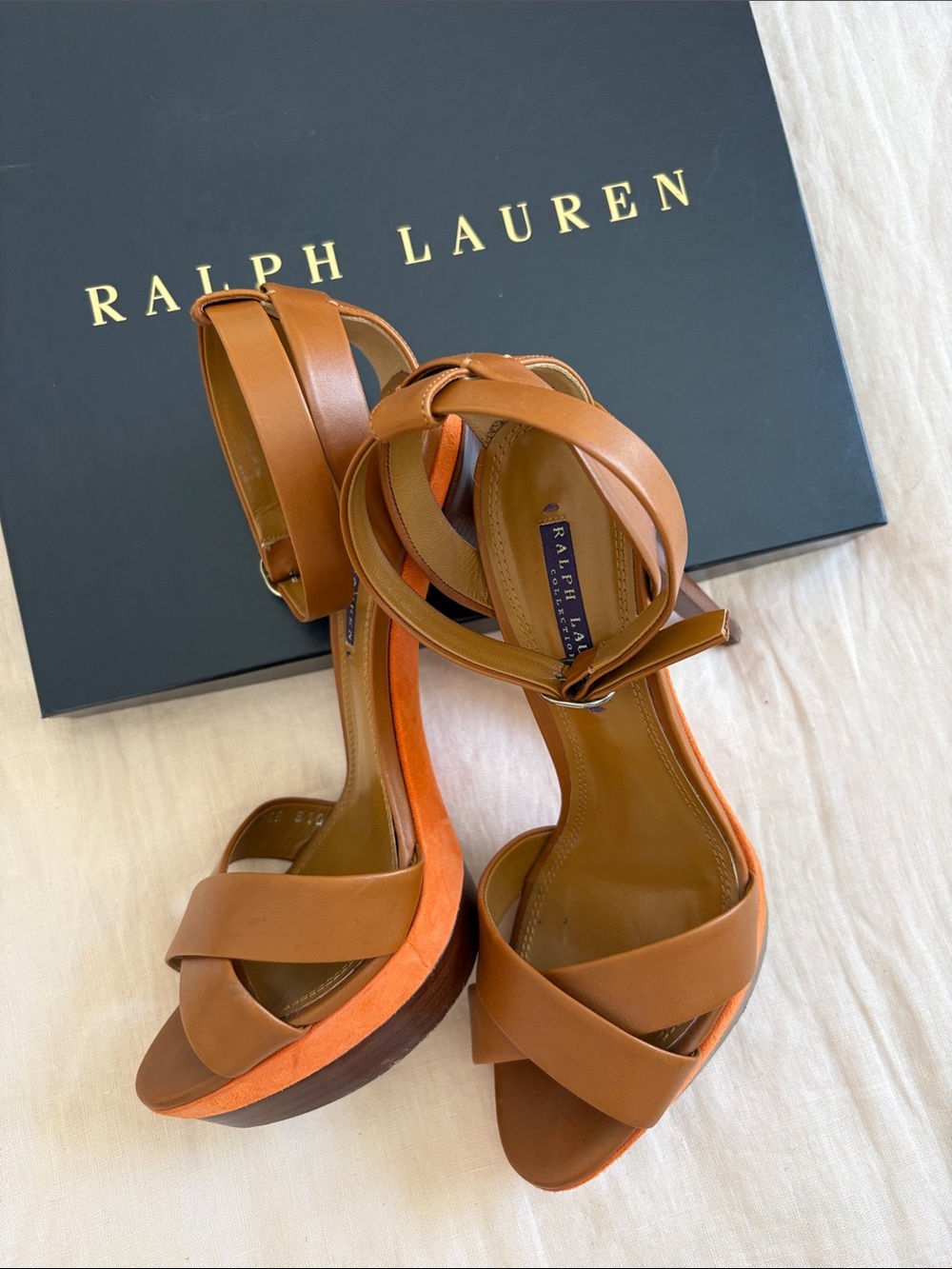 Ralph Lauren Collection Saddle Leather & Orange KidSuede Platform Sandals